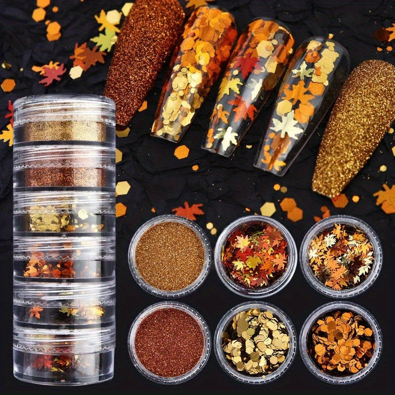 6pcs/Set Autumn Nail Art Set, Yellow Maple Glitter Sequins, Shiny Autumn Leaves Paillettes, Winter Furry Sugar Powder, No Fragrance, Nail Deco Accessories for Hand & Foot Care